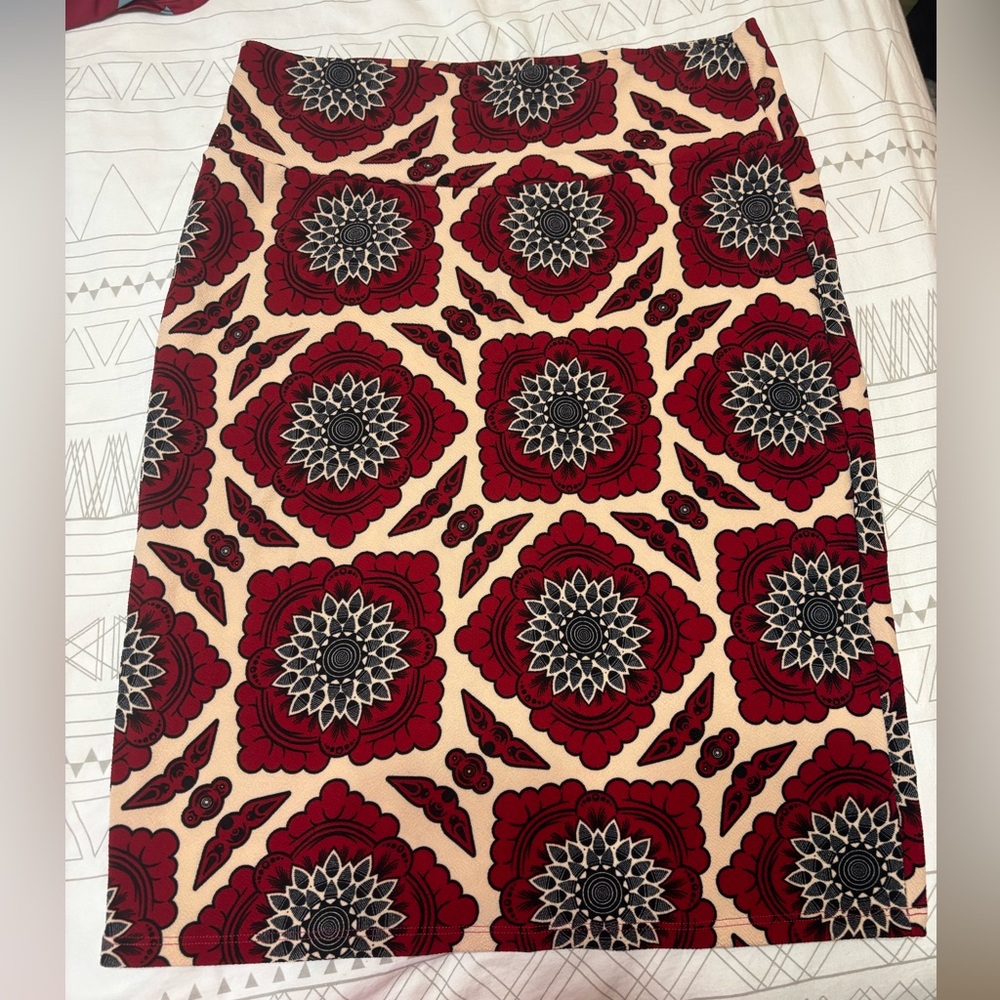 LuLaRoe Red and Cream Floral Medallion Cassie Pencil Skirt